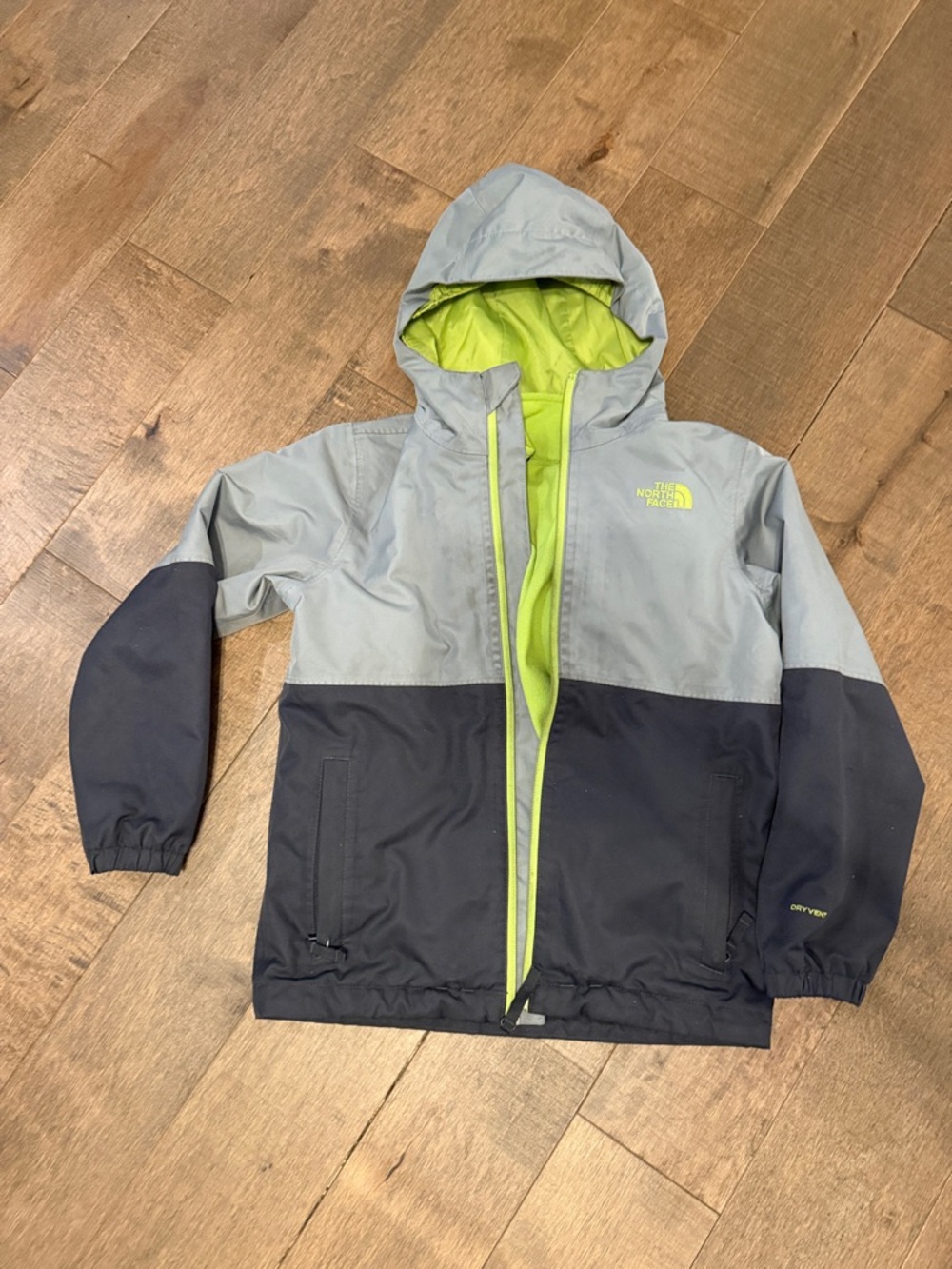 The North Face Two-Tone Hooded Shell Jacket and Fleece Jacket in grey and green